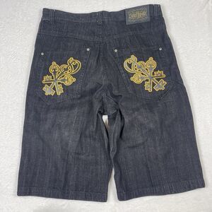 Vintage Southpole Jean Shorts 40 Black Jorts Embroidery Baggy Wide y2k Mens